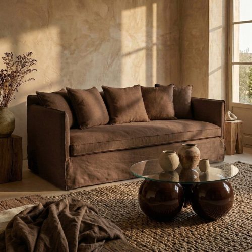 Canapé Noé 3 en lin lavé Chocolat