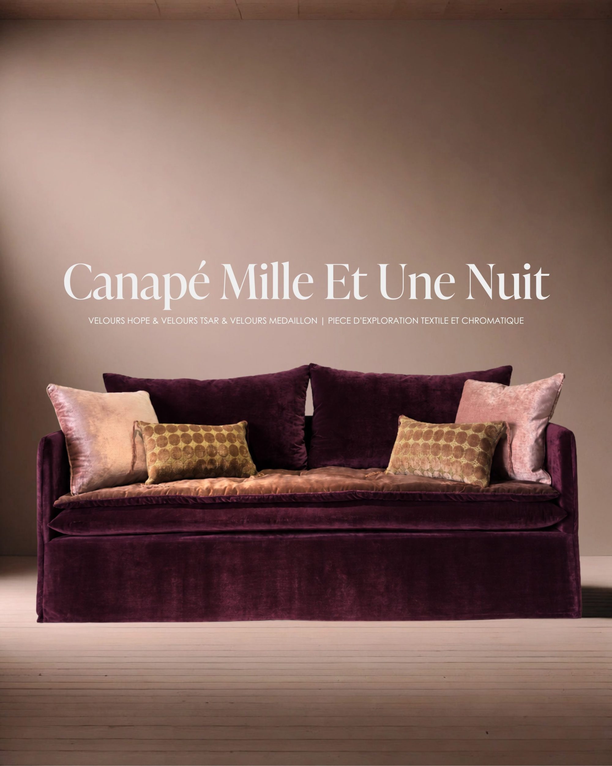 Canapé Mille Et Une Nuit 200 cm en velours Hope aubergine & velours Medaillon nude/ Pièce d'exploration textile et chromatique