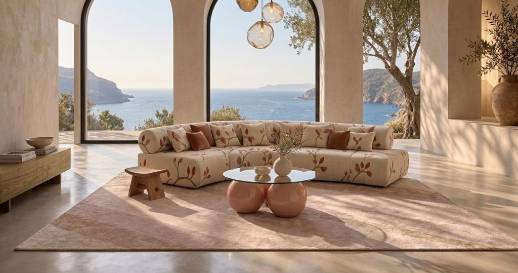 Canapé Riviera, habillé de la broderie Orphée, tapis Tsar Ipanema, table basse d'art Earth, portée par ses trois sphères en céramique