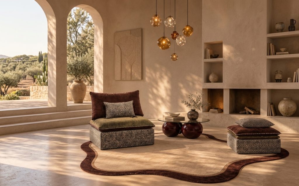 Chauffeuse Mila, tapis Oscar, table d'art Earth