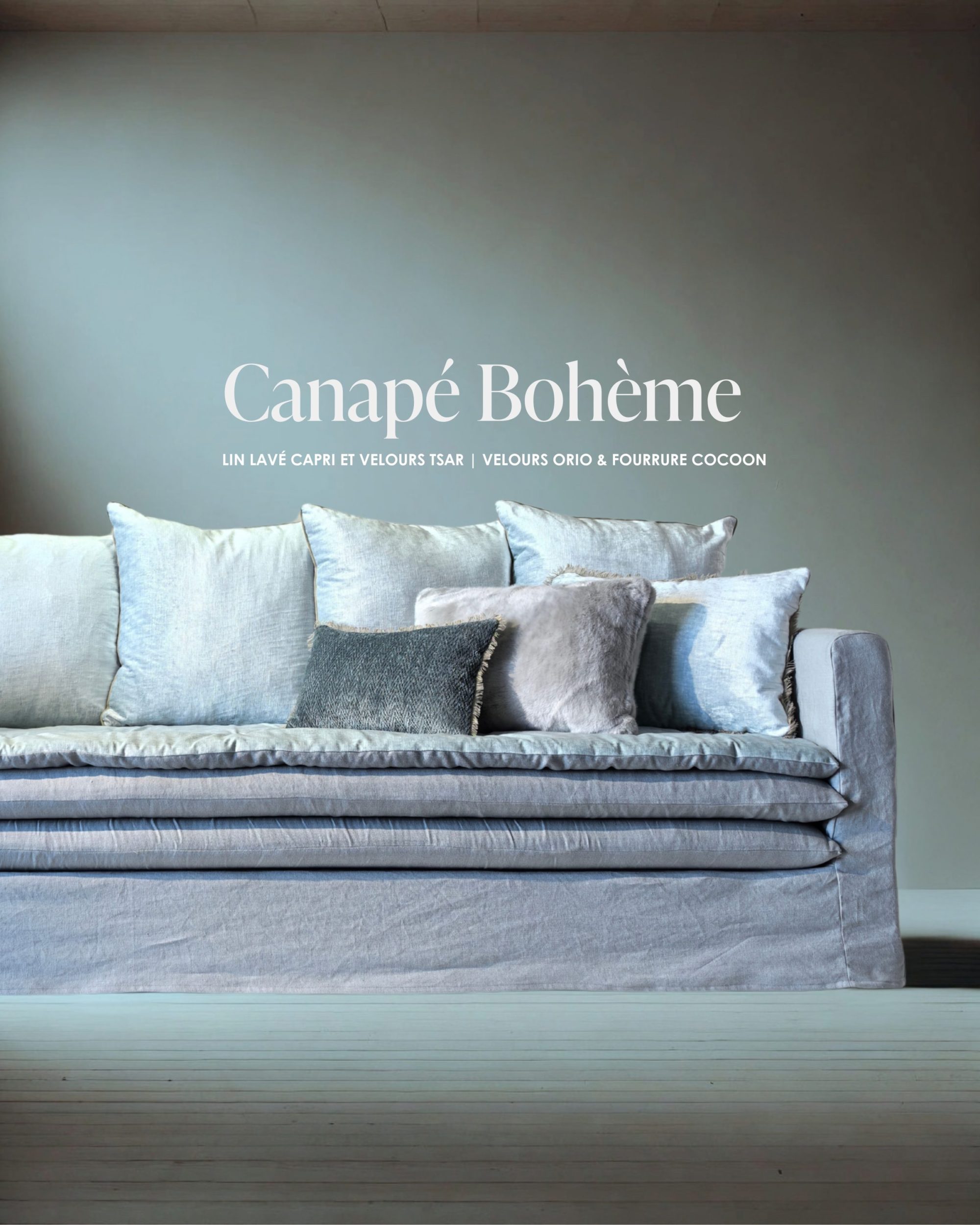Canapé Bohème 300 cm lin Capri & velours Tsar