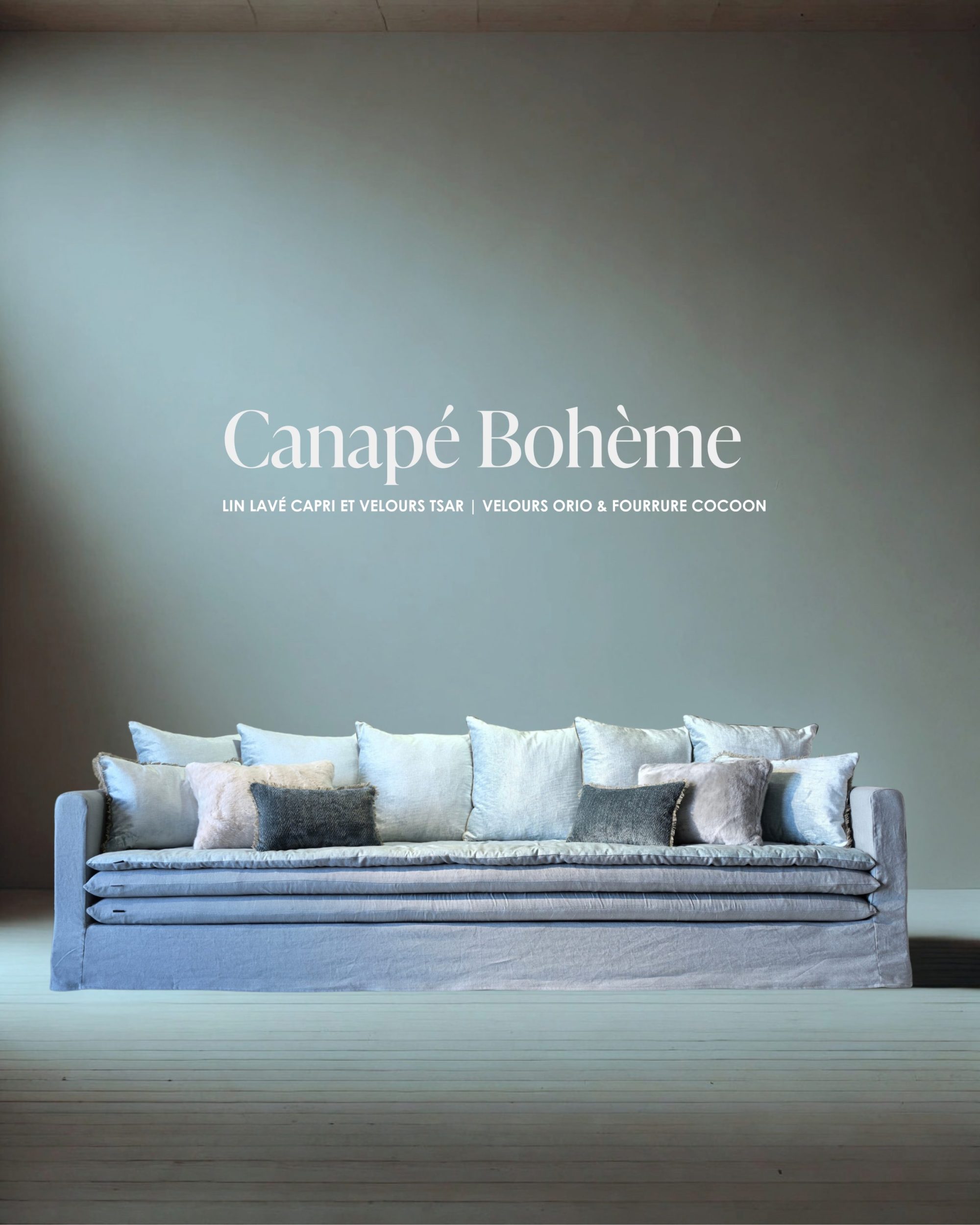 Canapé Bohème 300 cm lin Capri & velours Tsar