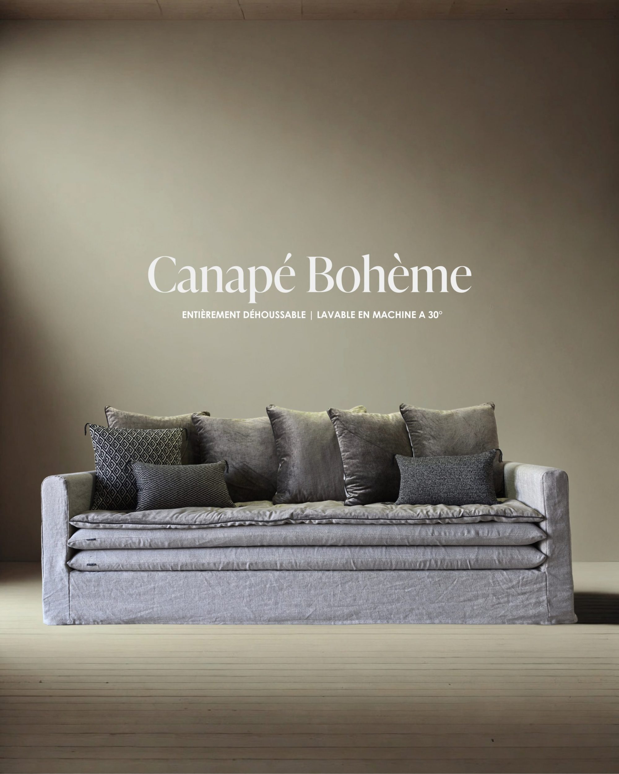Canapé Bohème 230 cm en lin naturel doré et velours Tsar / Pièce d'archive Couture