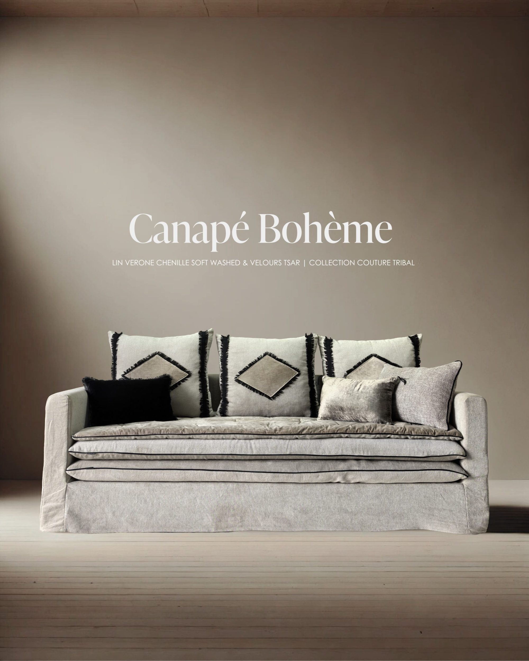 Canapé Bohème 215 cm lin Verone chenille soft washed Collection Couture Tribal / Pièce Editoriale de Shooting