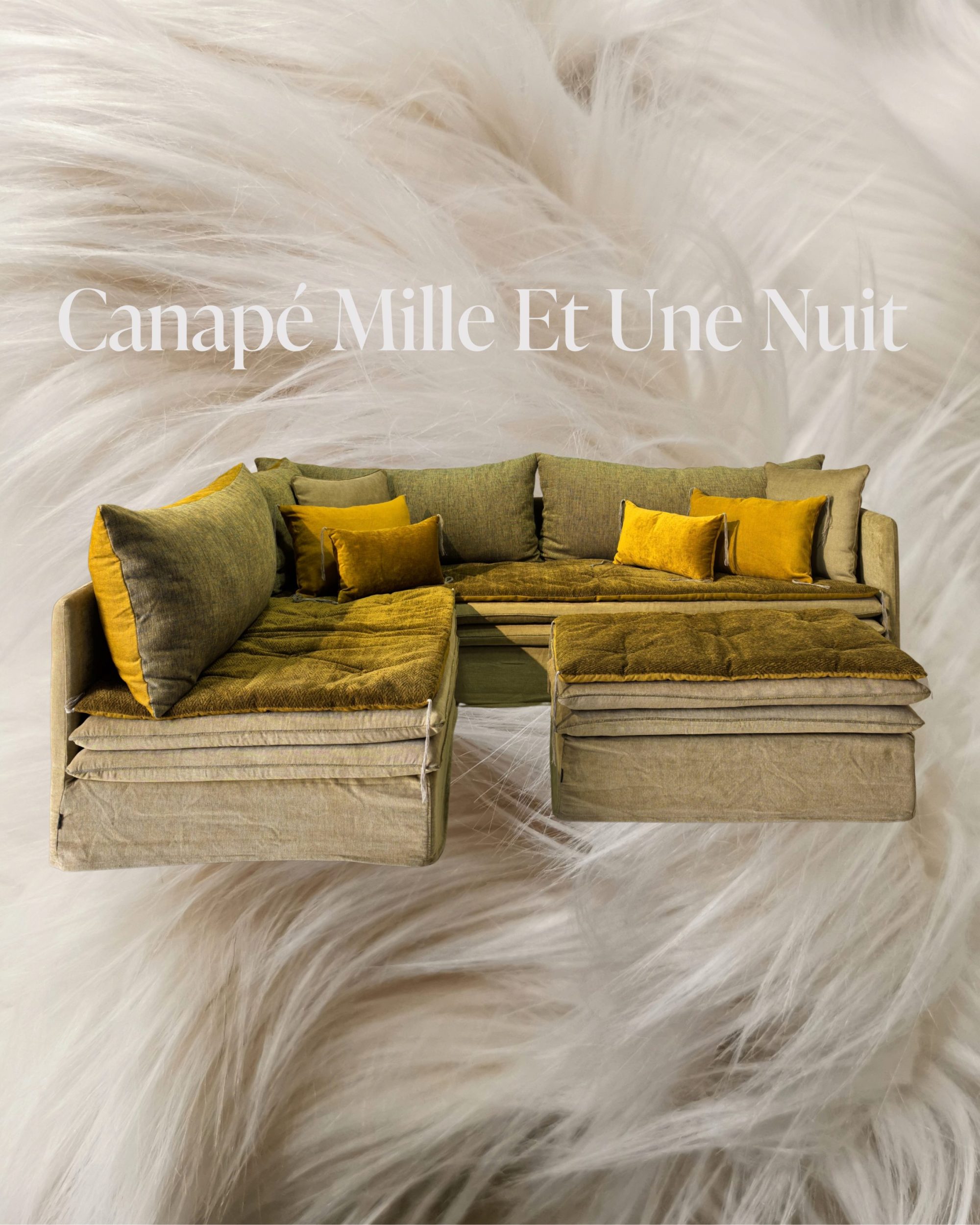 Canapé Mille Et Une Nuit d'angle en lin Vérone chenille soft washed & velours Tsar & velours Orio & lin Bliss