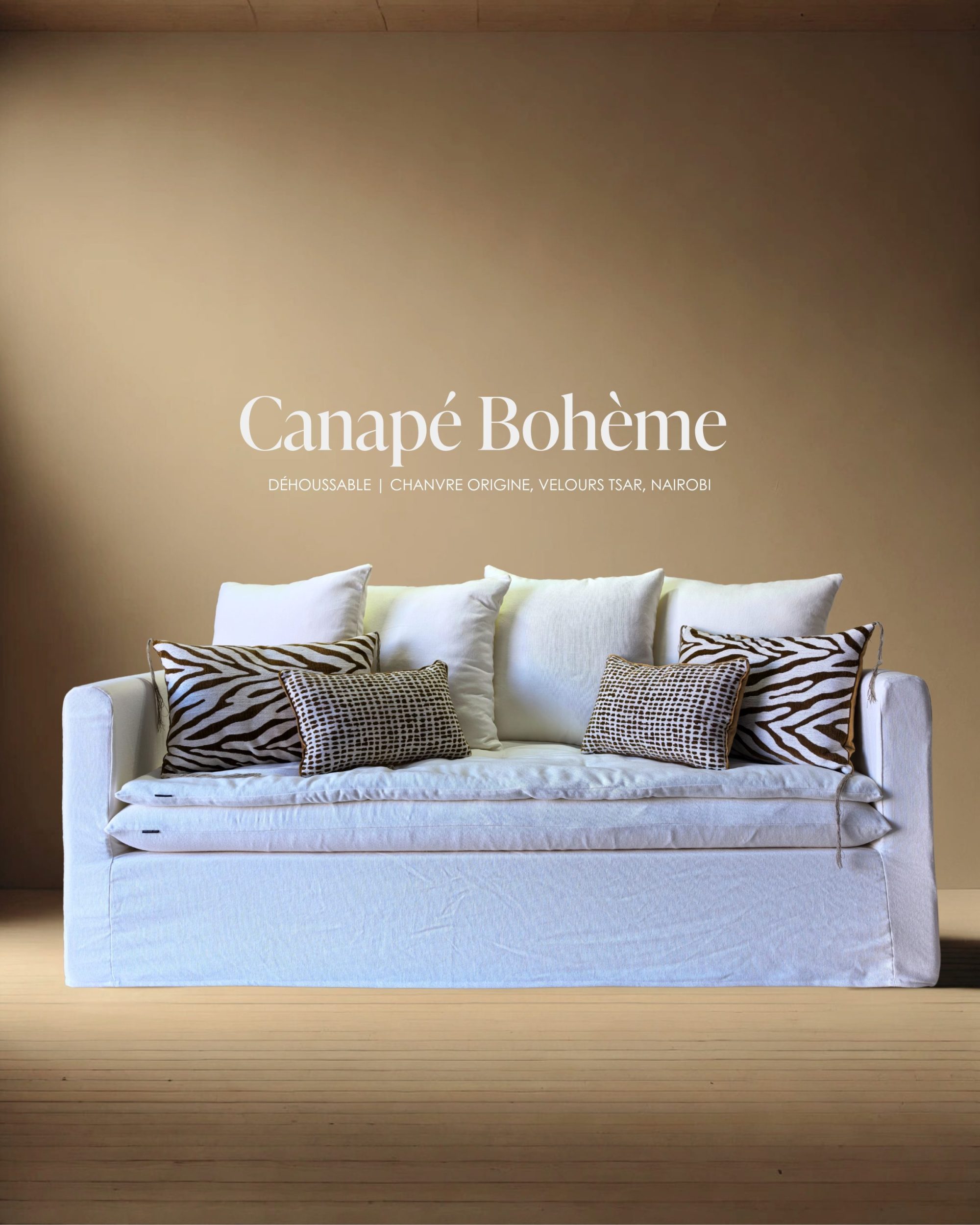 Canapé Bohème 200 cm en chanvre Origine curry et velours Tsar terracotta (Copie)
