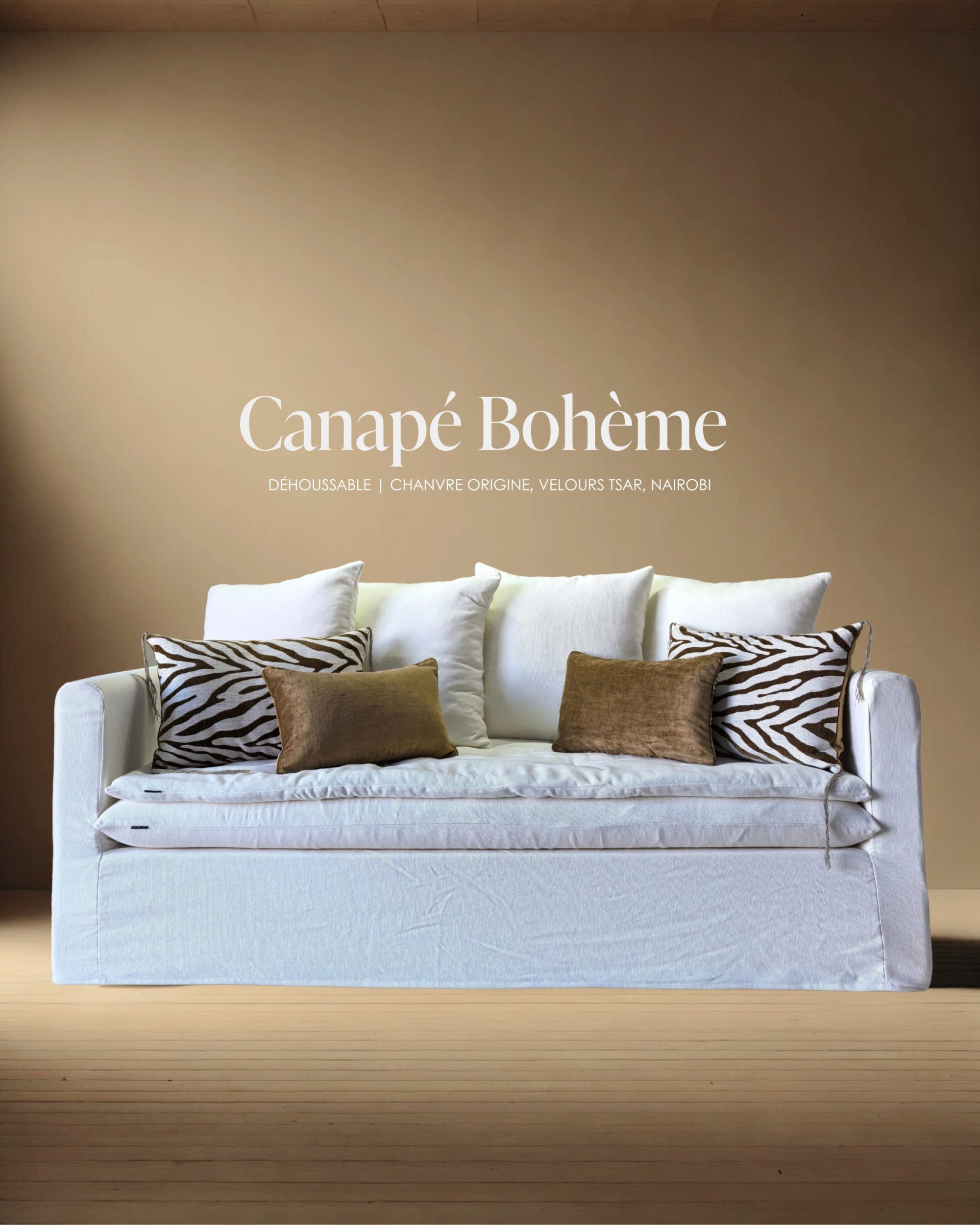 Canapé Bohème 200 cm en chanvre Origine curry et velours Tsar terracotta (Copie)