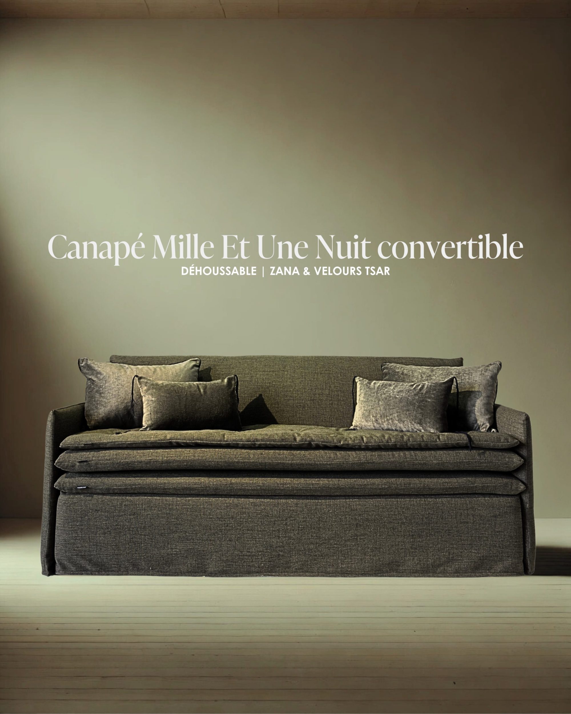 Canapé lit convertible Mille Et Une Nuit 200 cm Zana kaki et velours Tsar / Fabriqué en France