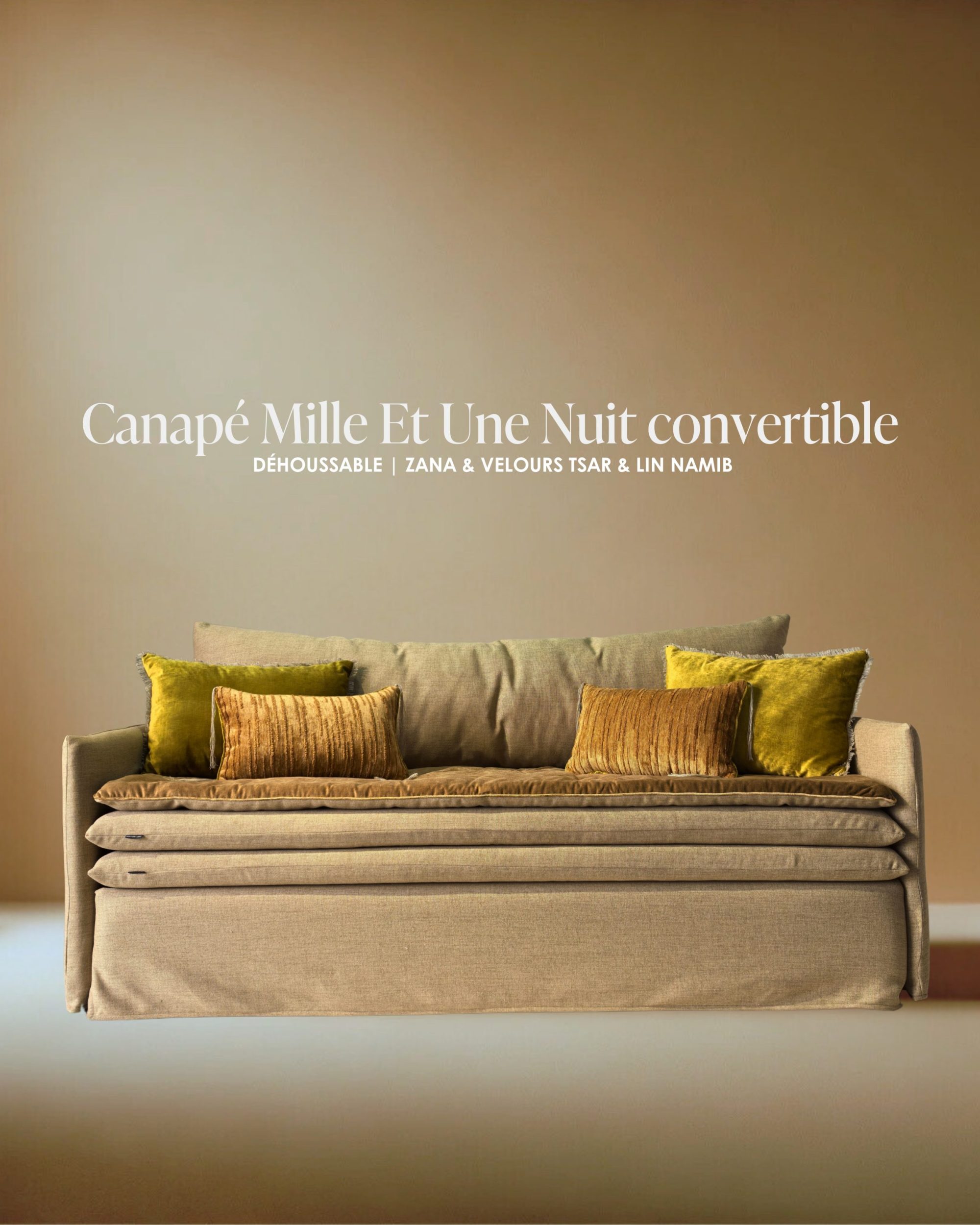Canapé lit convertible Mille Et Une Nuit 200 cm version XL Zana havane et lin Namib / Fabriqué en France / Pièce d’exploration textile et chromatique